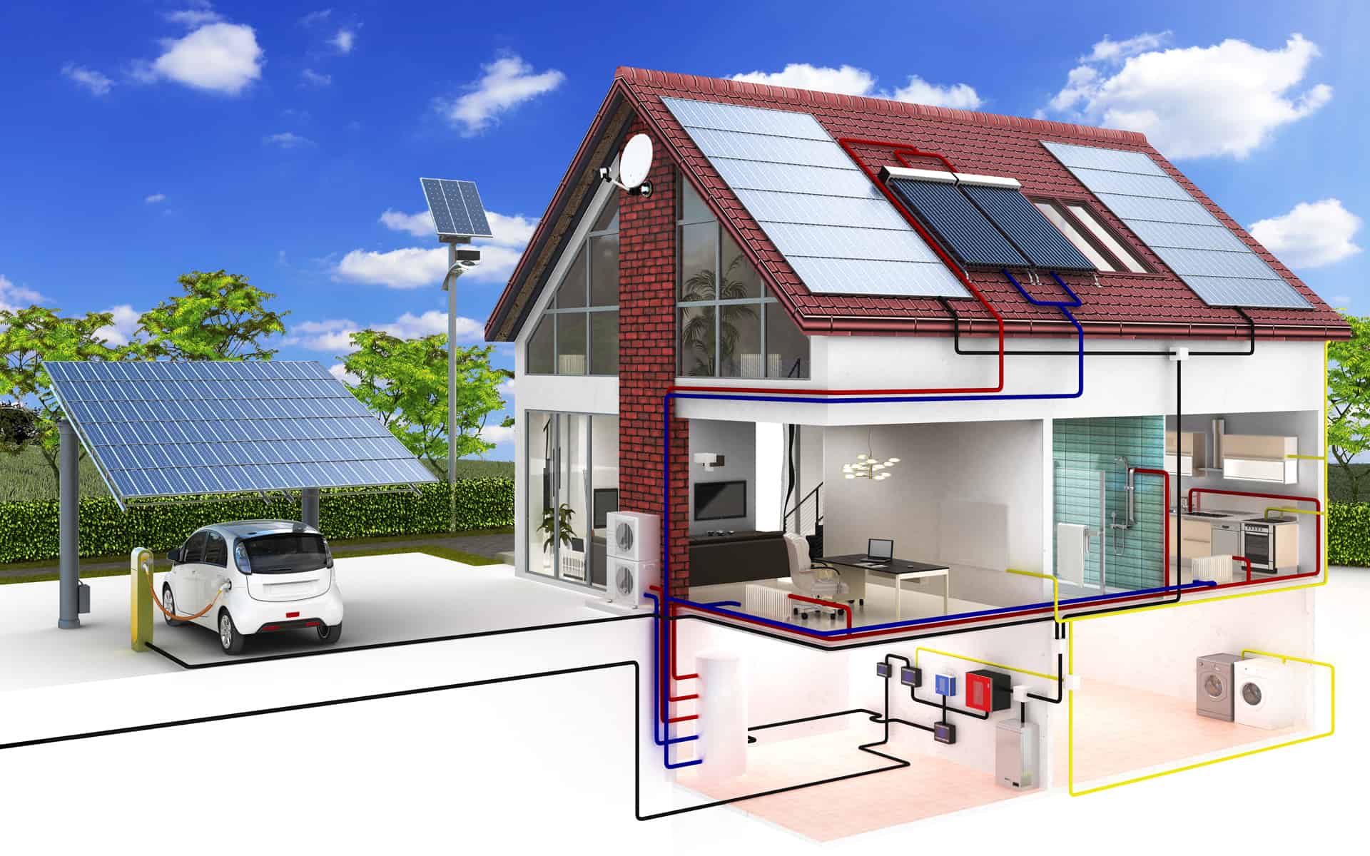 Schnitt durch ein Wohnhaus mit W&auml;rmepumpe, Photovoltaik, Solarthermie und Leitungen f&uuml;r Heizung und Wasser